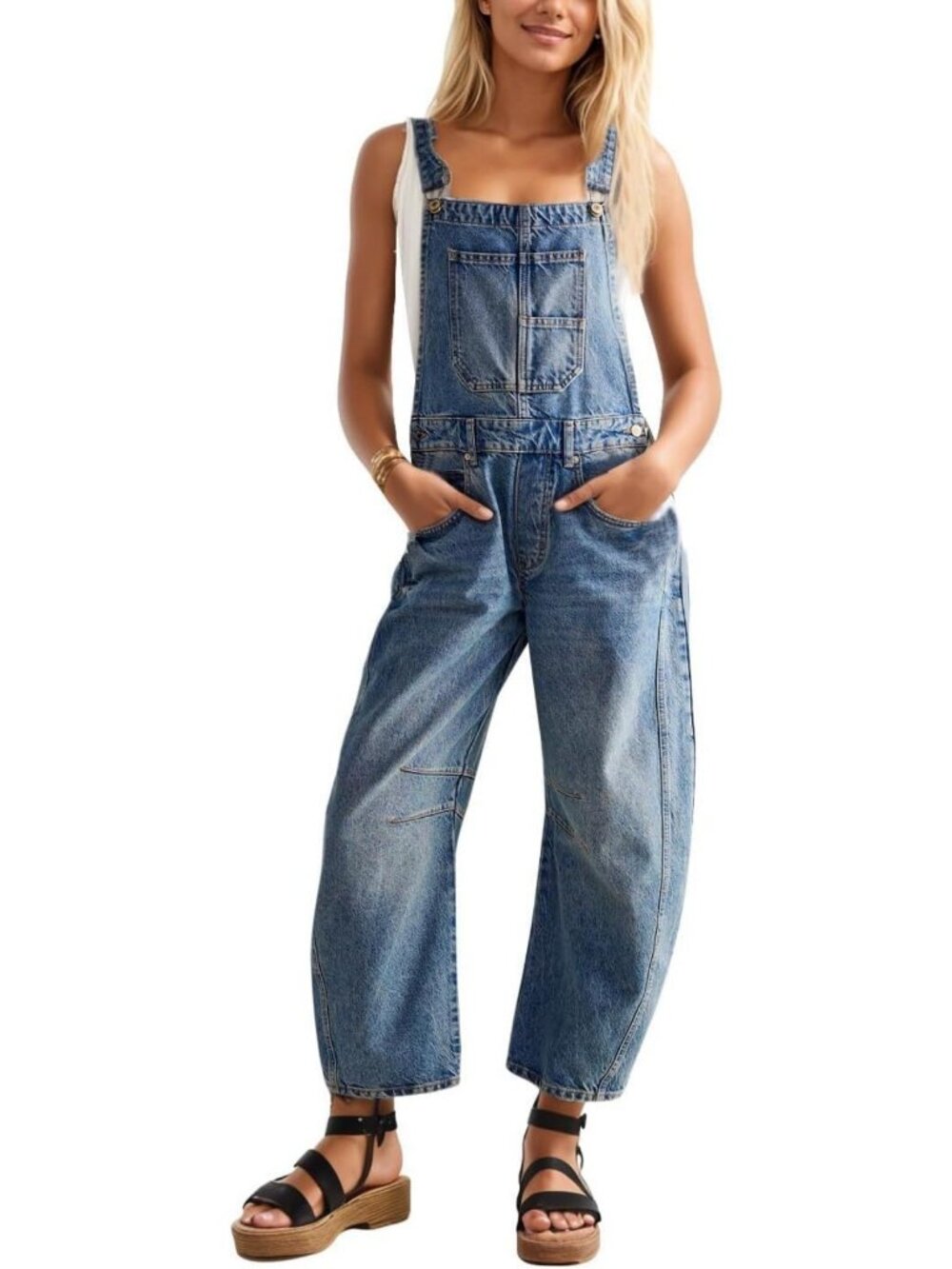 Stylish Women's Denim Bib Overalls, Barrel Leg Jumpsuit with Adjustable Straps